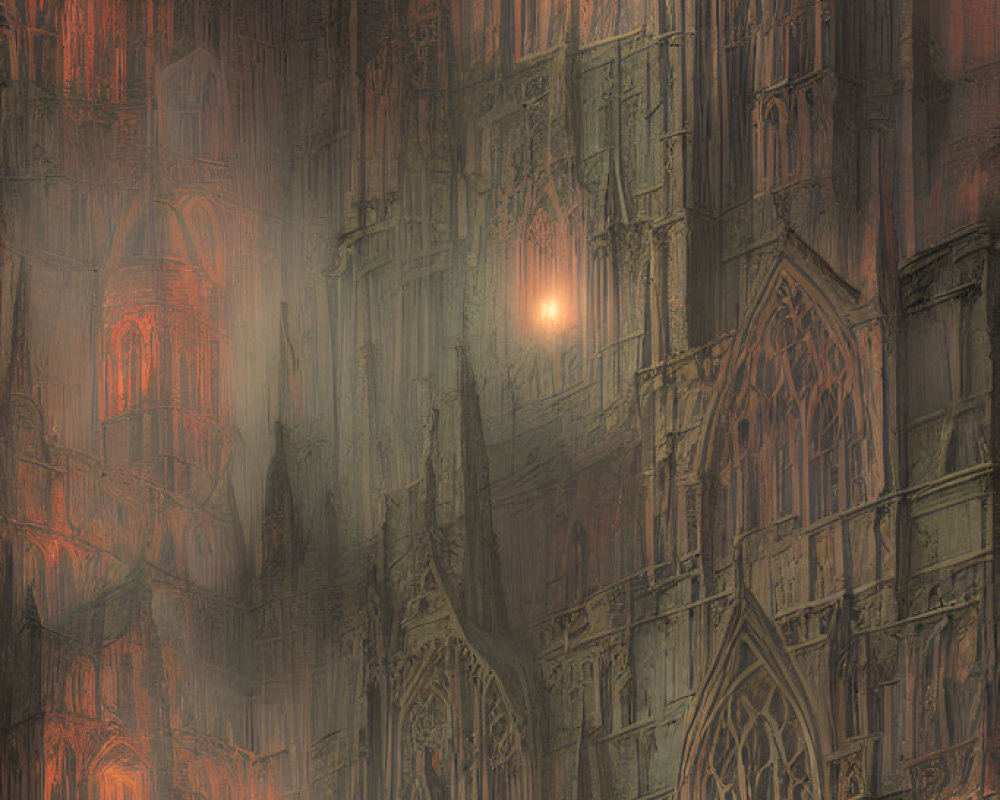 Gothic cathedral at night with eerie lighting and misty surroundings