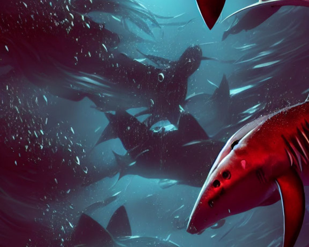 Detailed red sharks in dynamic underwater scene