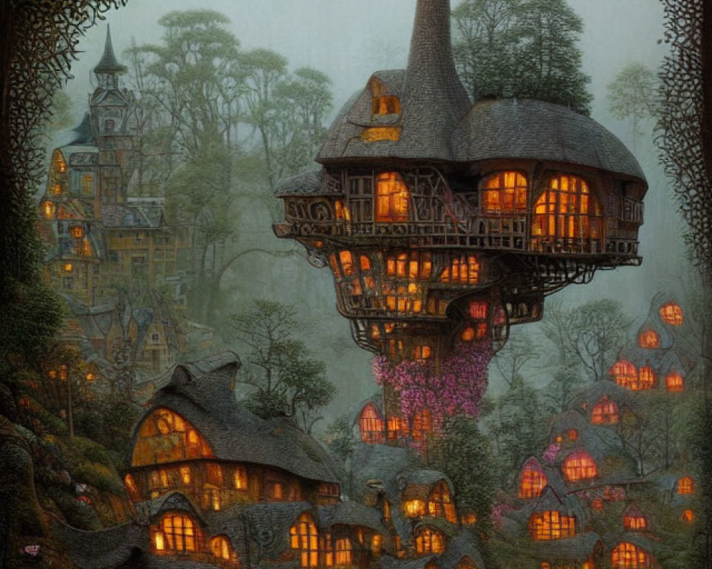 Whimsical forest village at night with glowing windows