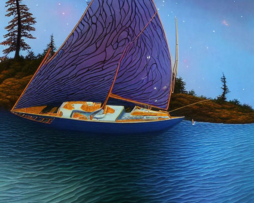 Purple sailboat on calm water under starry night sky with forest and moon