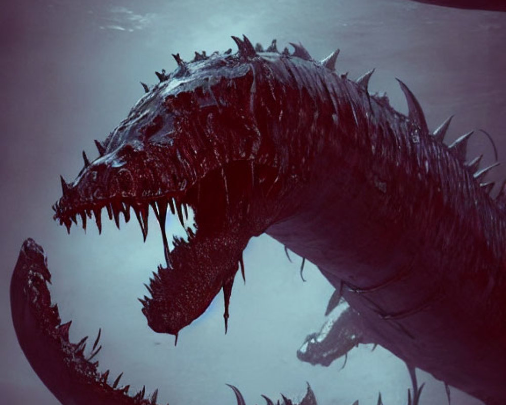 Menacing sea monster with sharp teeth emerges from dark ocean depths