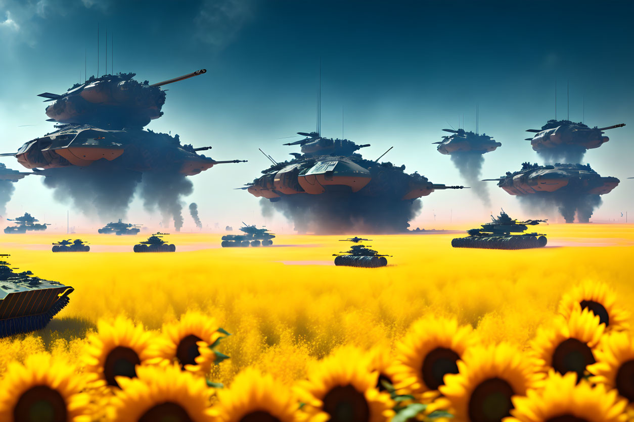 Futuristic hovering tanks in sunflower field under hazy sky