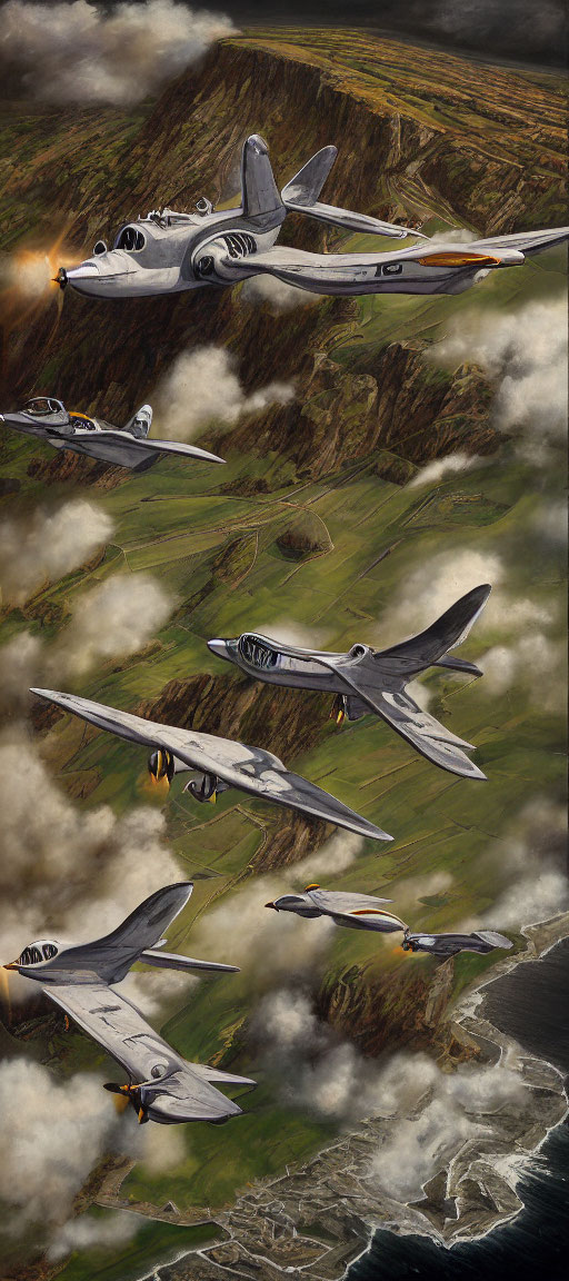 Formation of Vintage Fighter Planes Over Coastal Landscape with Firing Guns