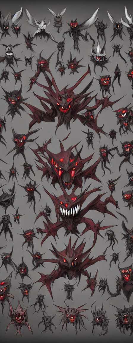 Fantasy creatures with red eyes and sharp fangs on gray background