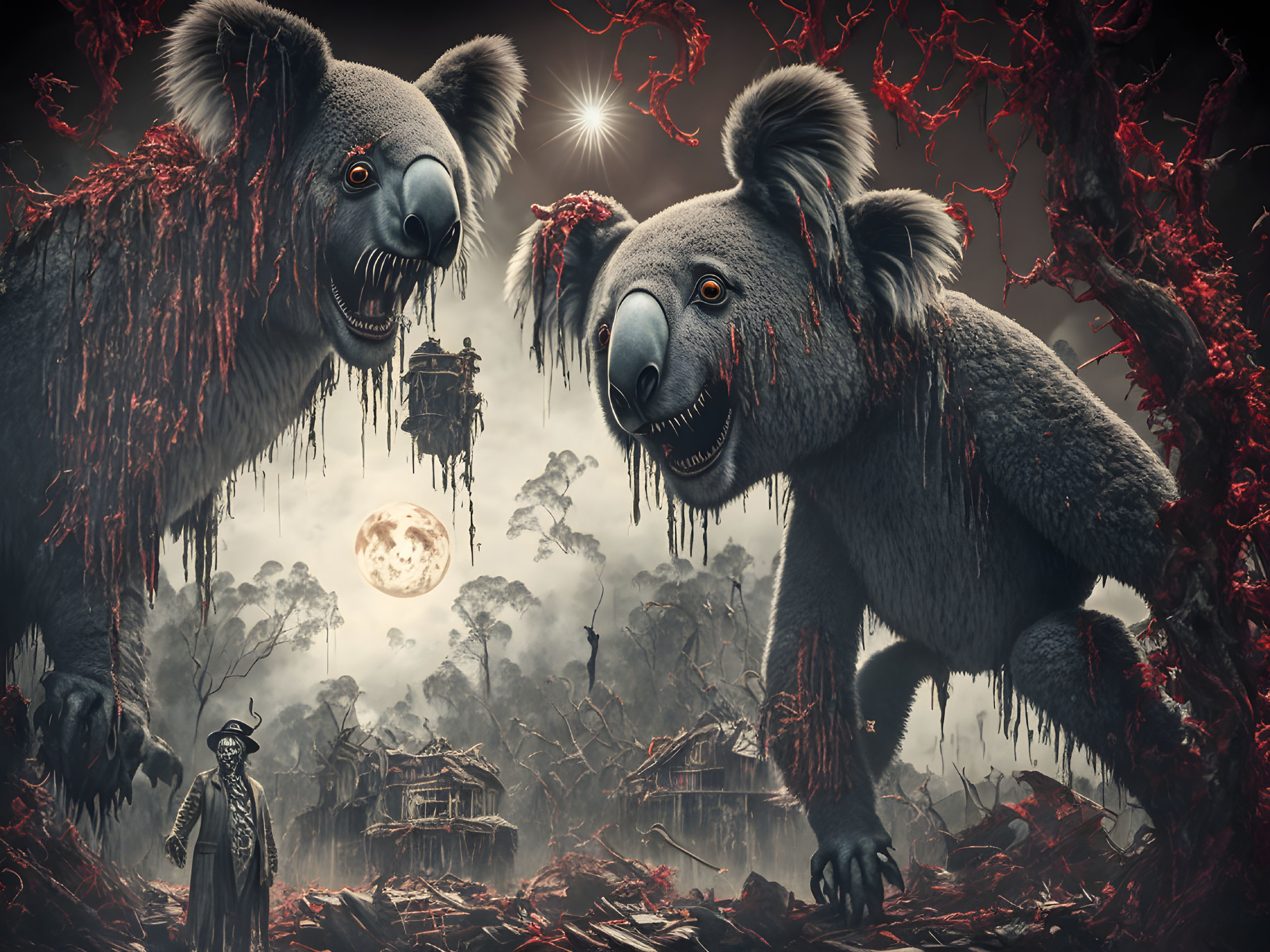 Giant menacing koalas in surreal ominous landscape.