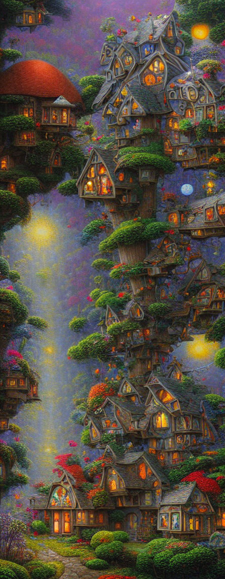 Vertical whimsical painting of a fantasy treehouse with cottages and glowing lights