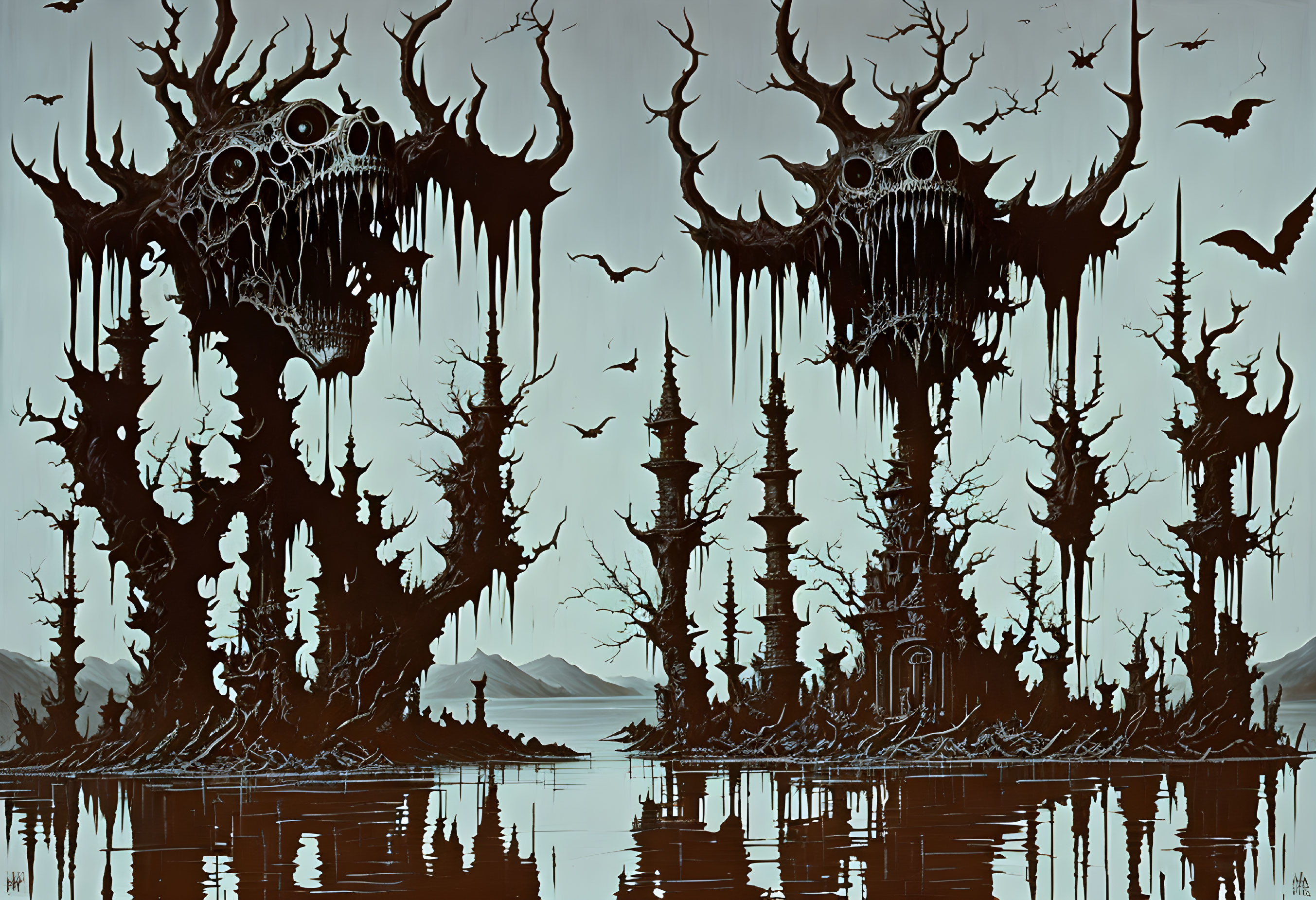 Symmetrical Dark Fantasy Landscape with Skull-shaped Structures and Eerie Towers