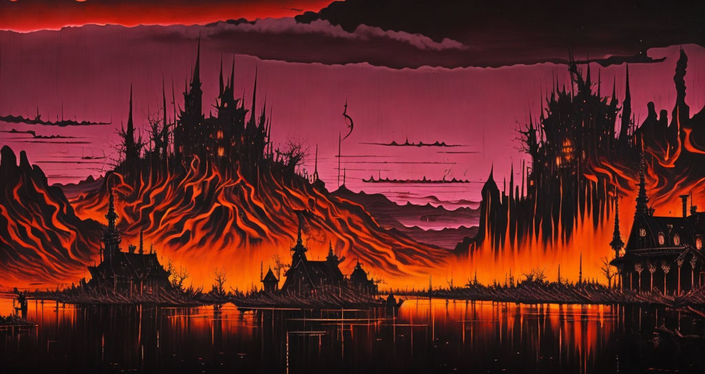 Surreal fiery landscape with spiky structures and red sky