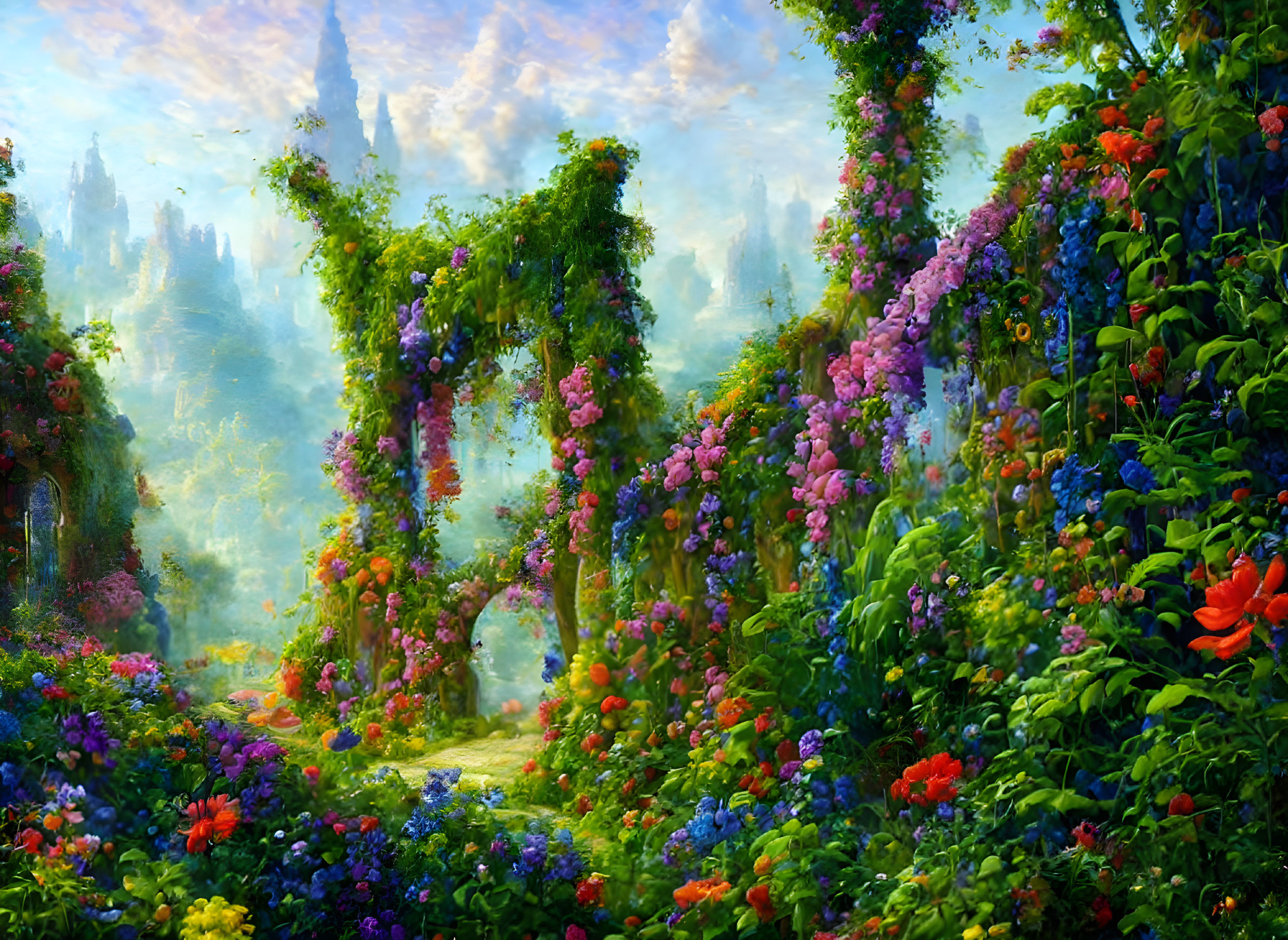 Lush garden with vibrant flowers under hazy sky