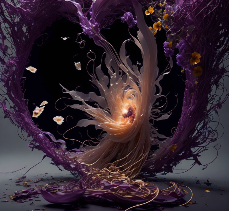 Surreal artwork of female figure with flowing hair in purple vine frame