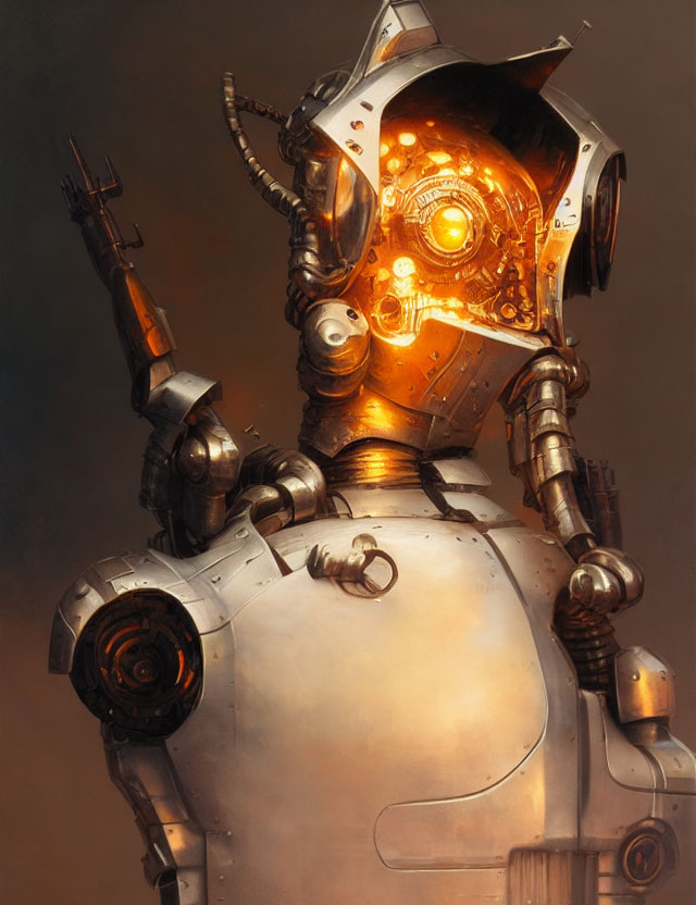 Robotic figure with intricate helmet-like head and glowing orange elements