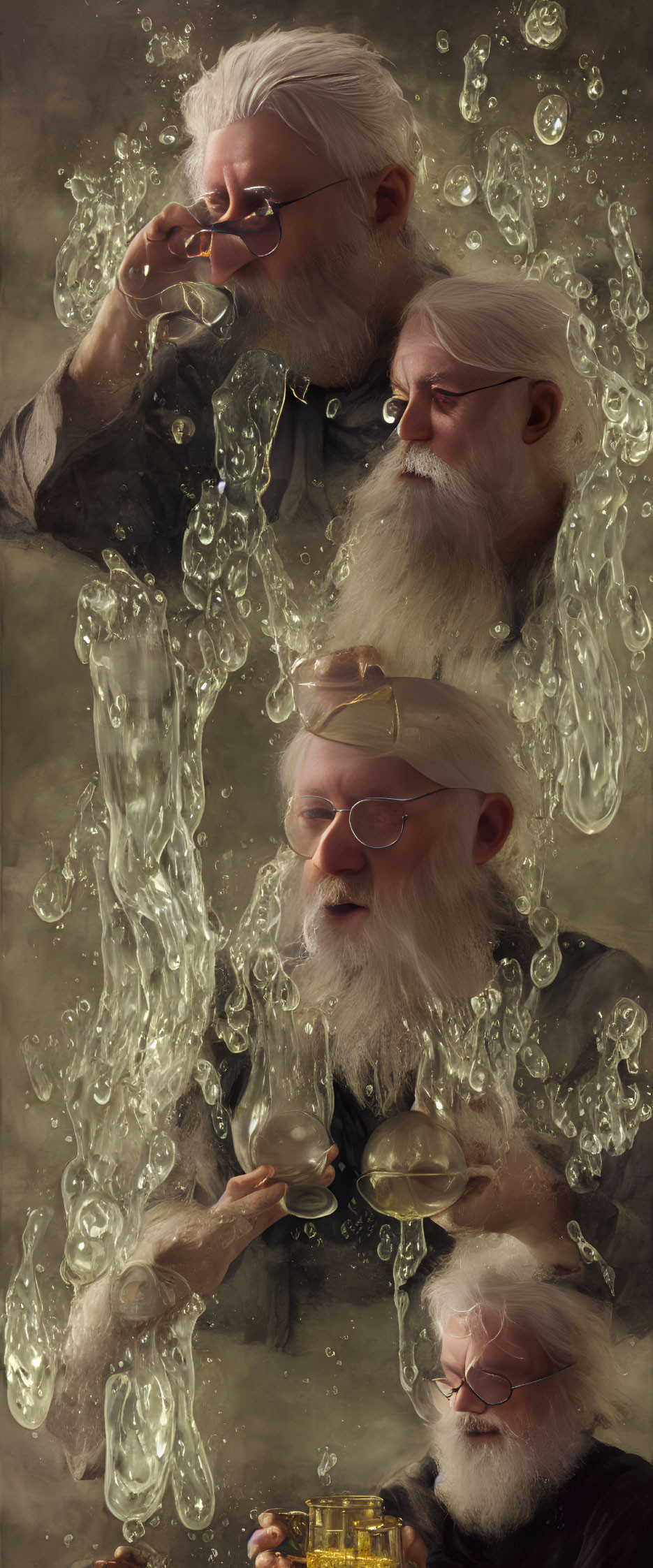 Elderly Man with White Beard Interacts with Floating Liquid Streams