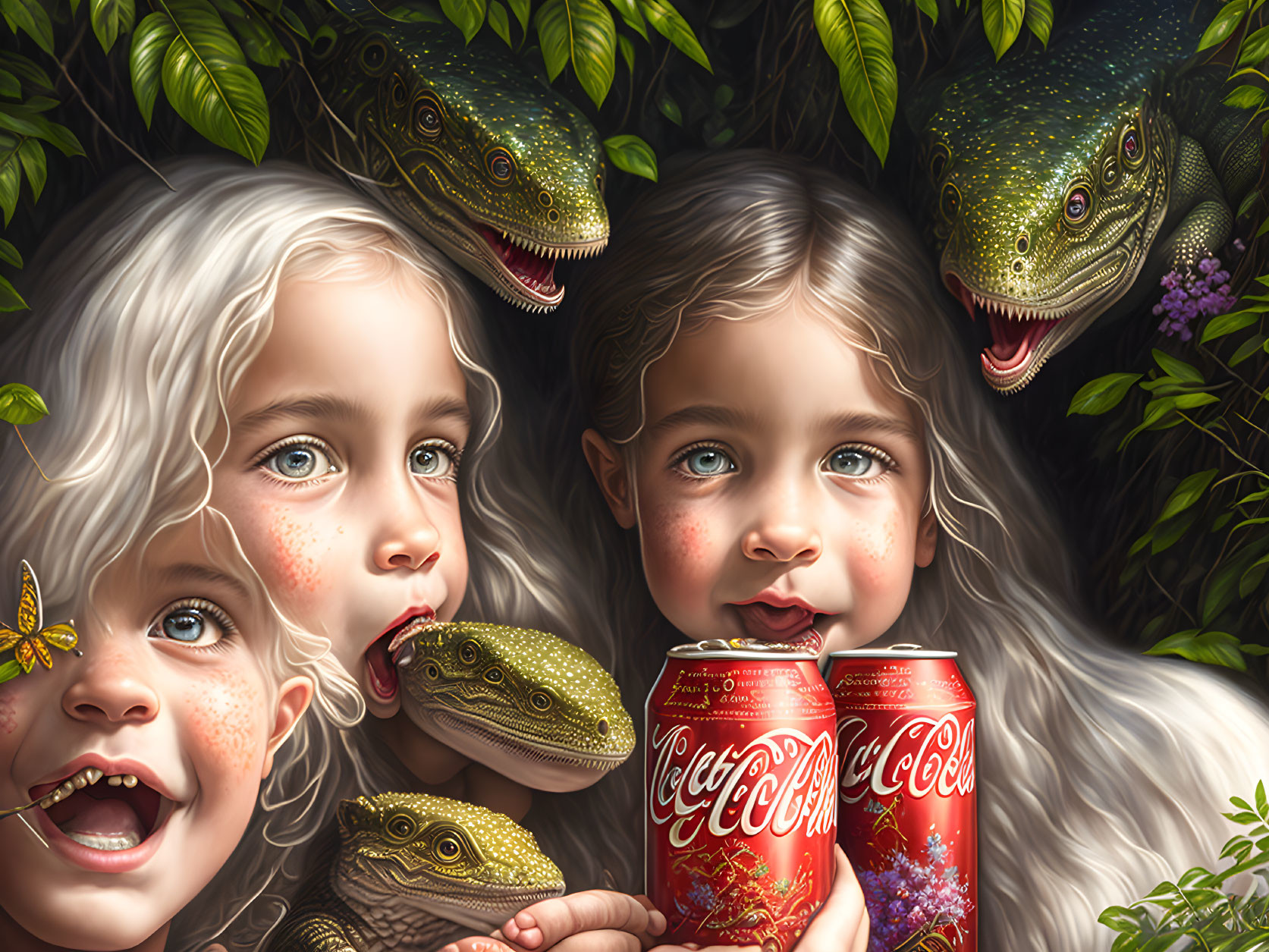 Two girls sharing Coca-Cola with realistic dinosaurs in lush setting.