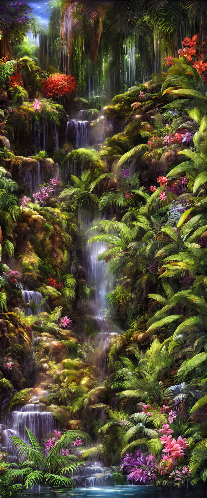 Vibrant fantasy waterfall in lush tropical forest