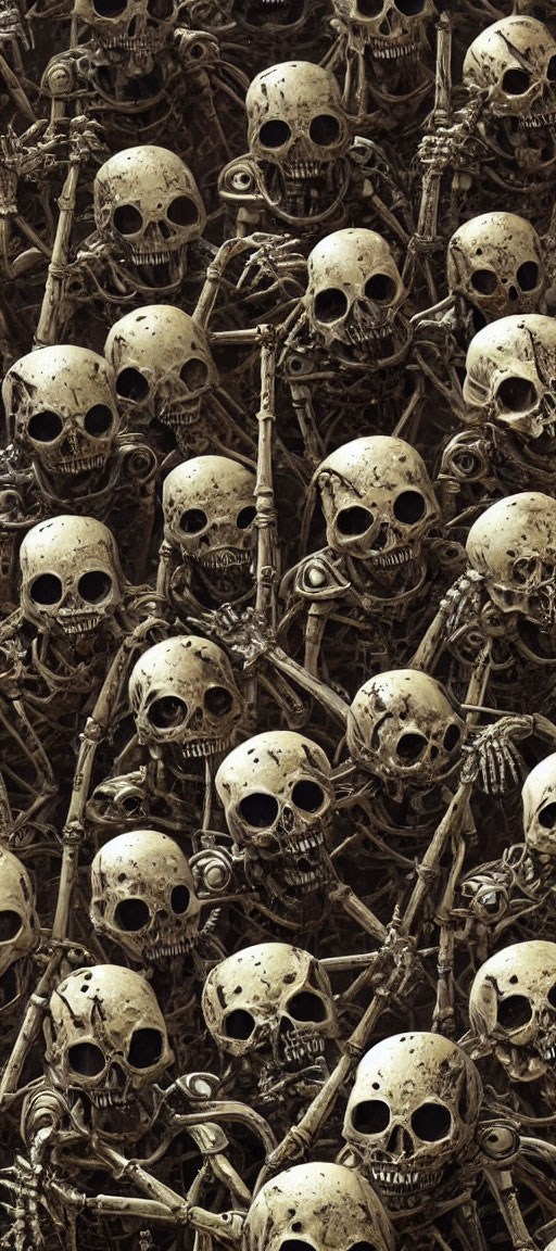 Assortment of human skulls and bones in sepia tone