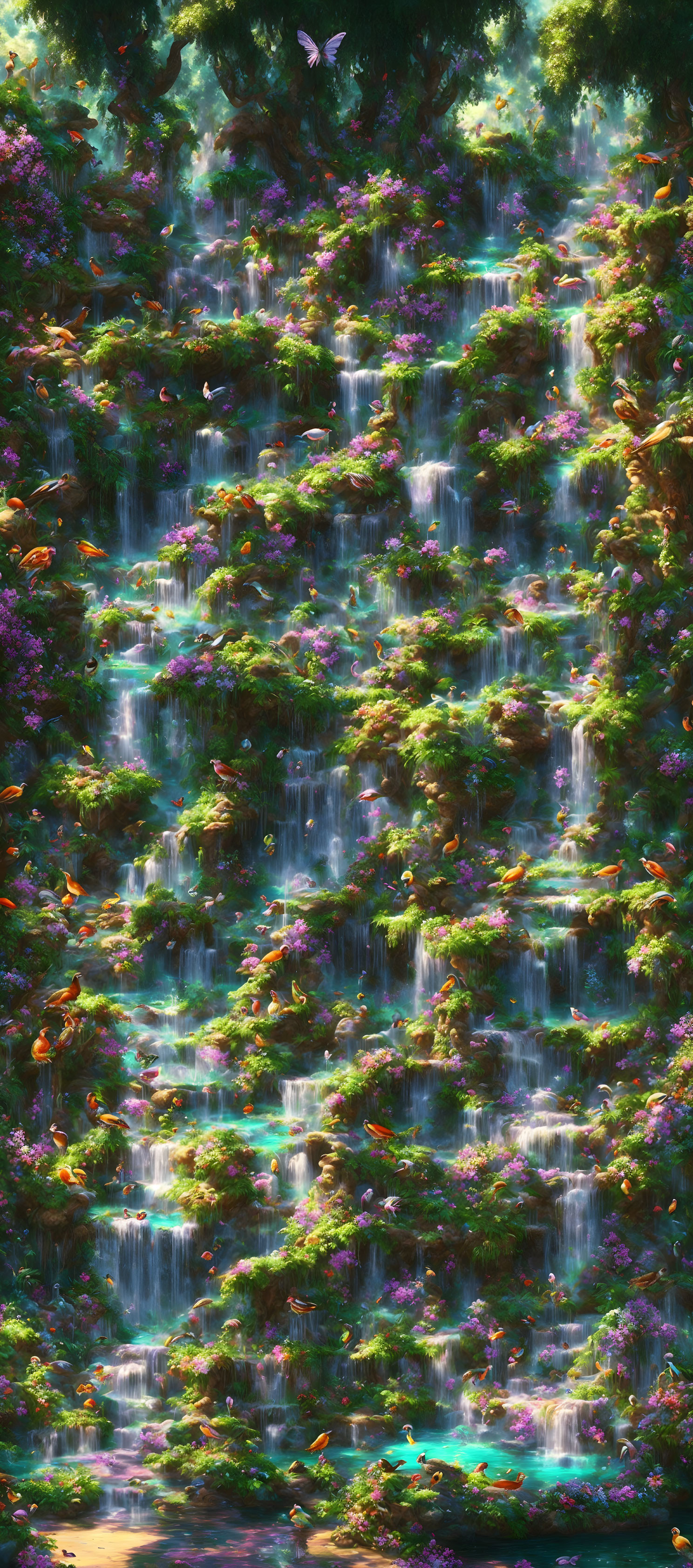 Vibrant multi-tiered waterfall in lush forest with butterflies