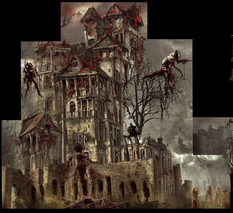 Abandoned gothic mansion in post-apocalyptic landscape