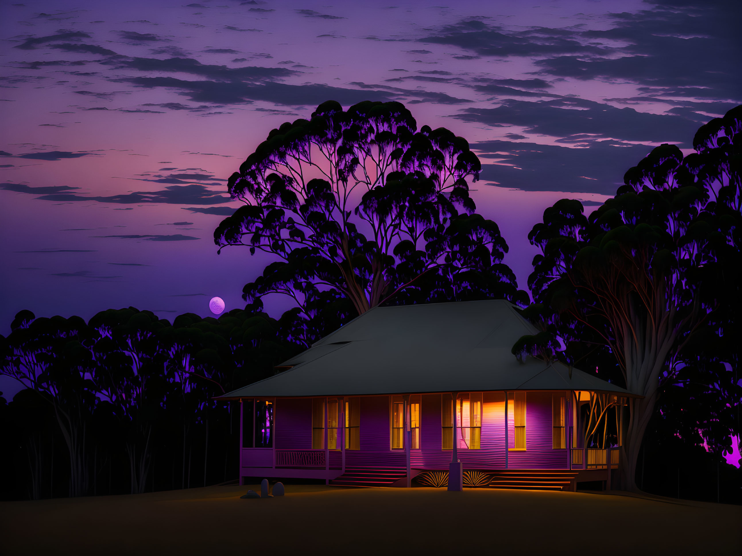 Cozy house illuminated under purple twilight sky