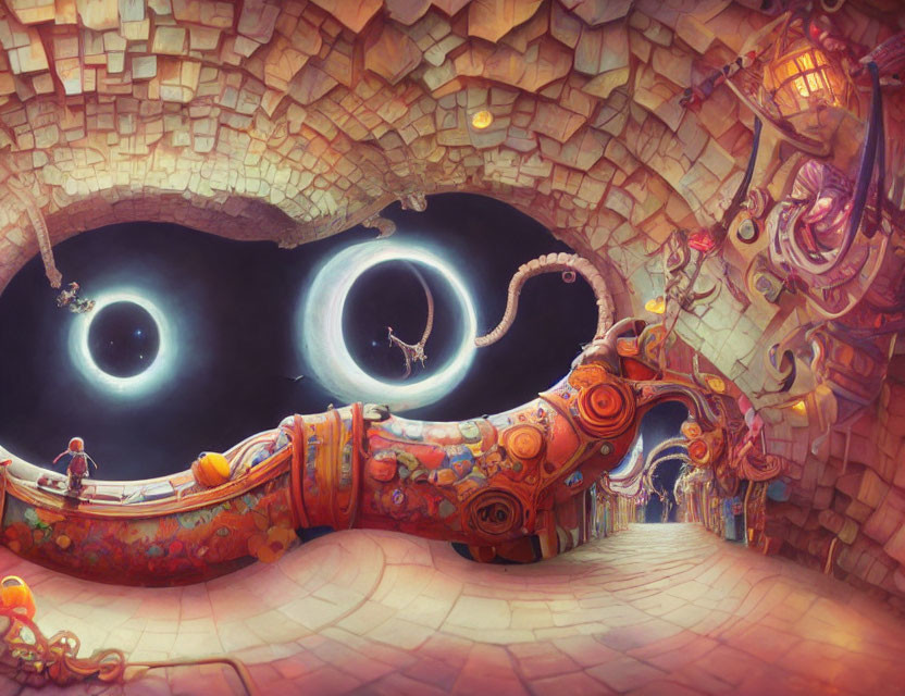 Whimsical digital artwork of a colorful, imaginative corridor with expressive eyes and fantastical elements