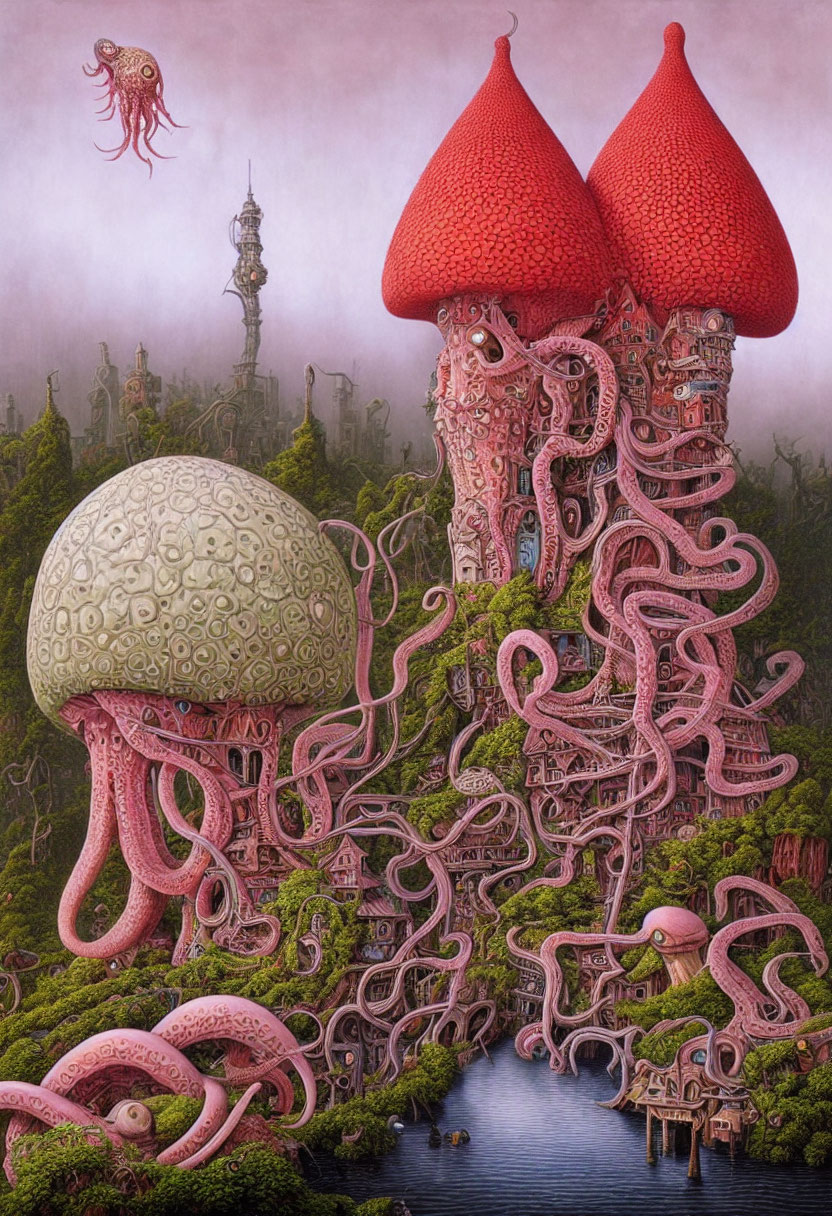 Surrealist landscape with octopus tentacles and mushroom structures in foggy forest