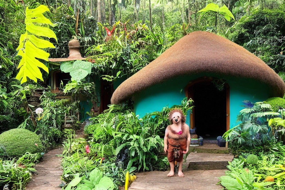 Dog in sweater in front of vibrant tiny house with thatched roof in forested area