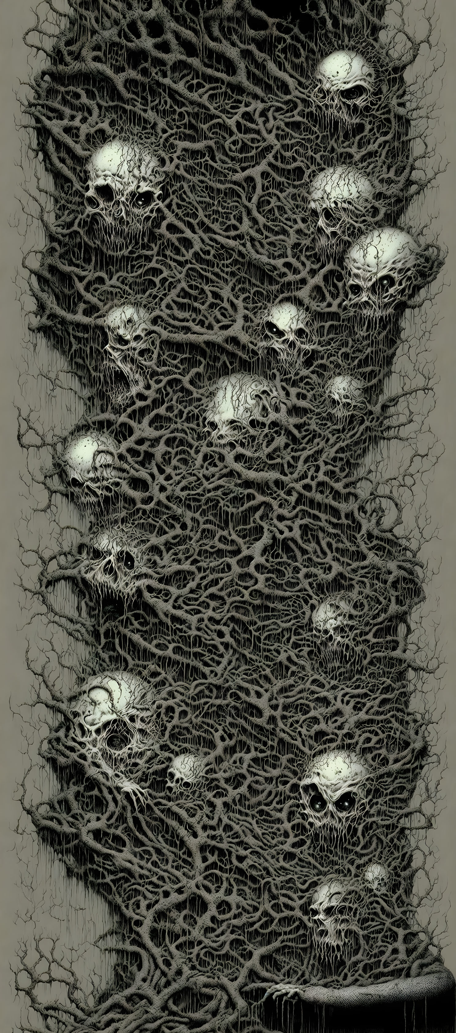 Detailed dark illustration: Skulls entwined in root-like matrix