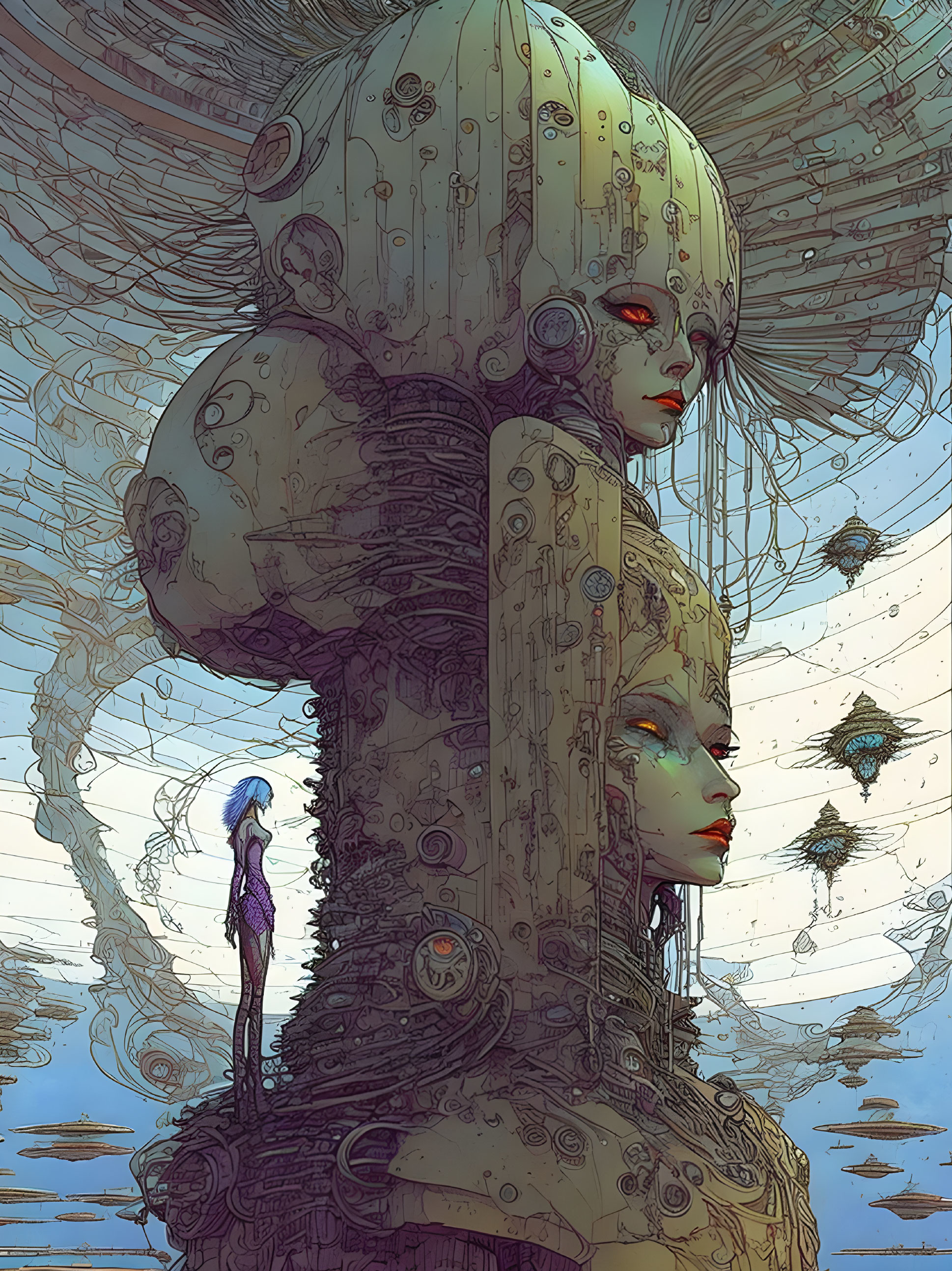 Surreal artwork: towering figures with mechanical details, circular hatches, floating islands, human silhouette