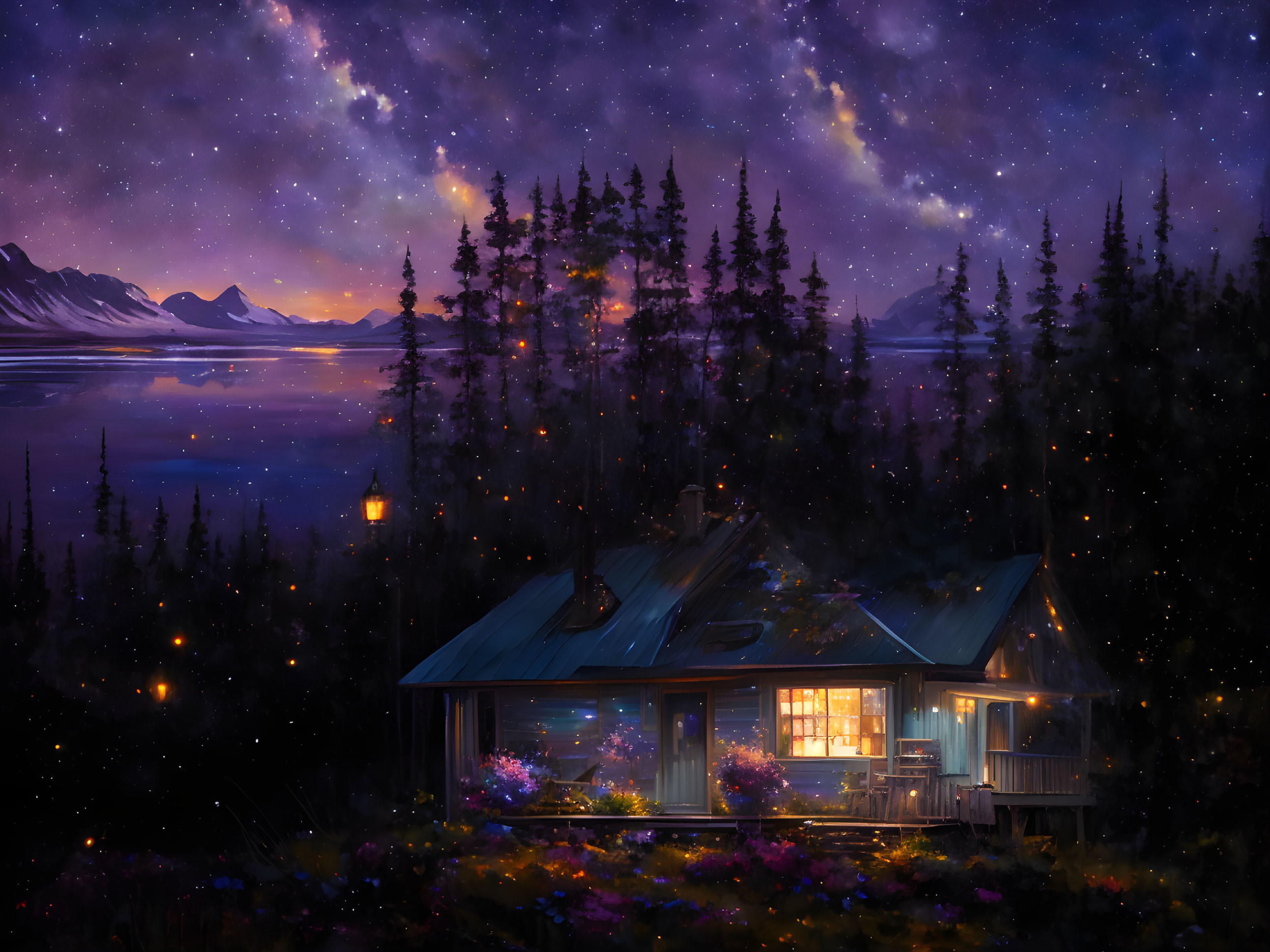 Cozy cottage in serene forest under starry night sky