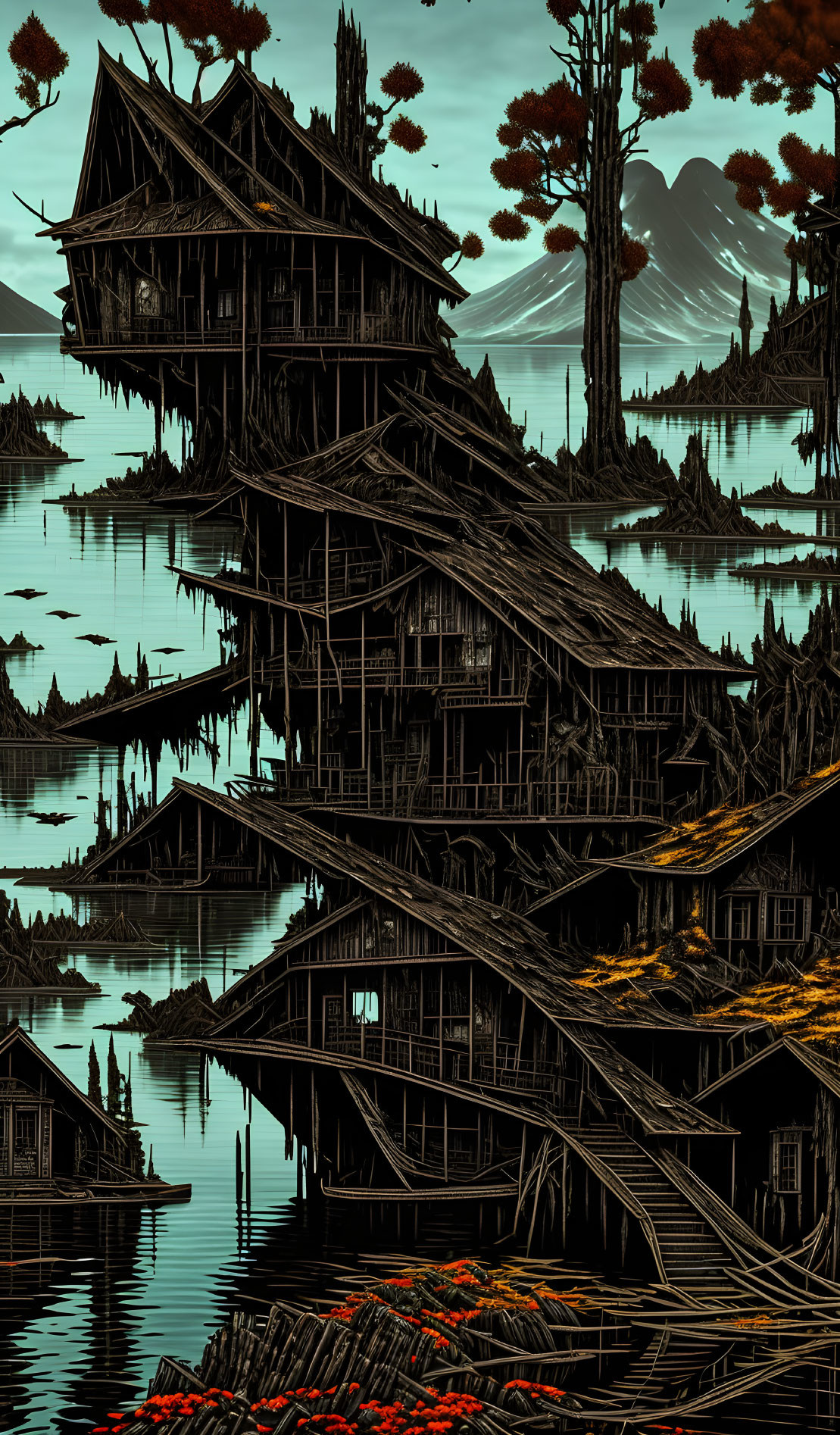 Dilapidated multi-story wooden structure reflected in water with distant mountains - Twilight ambiance