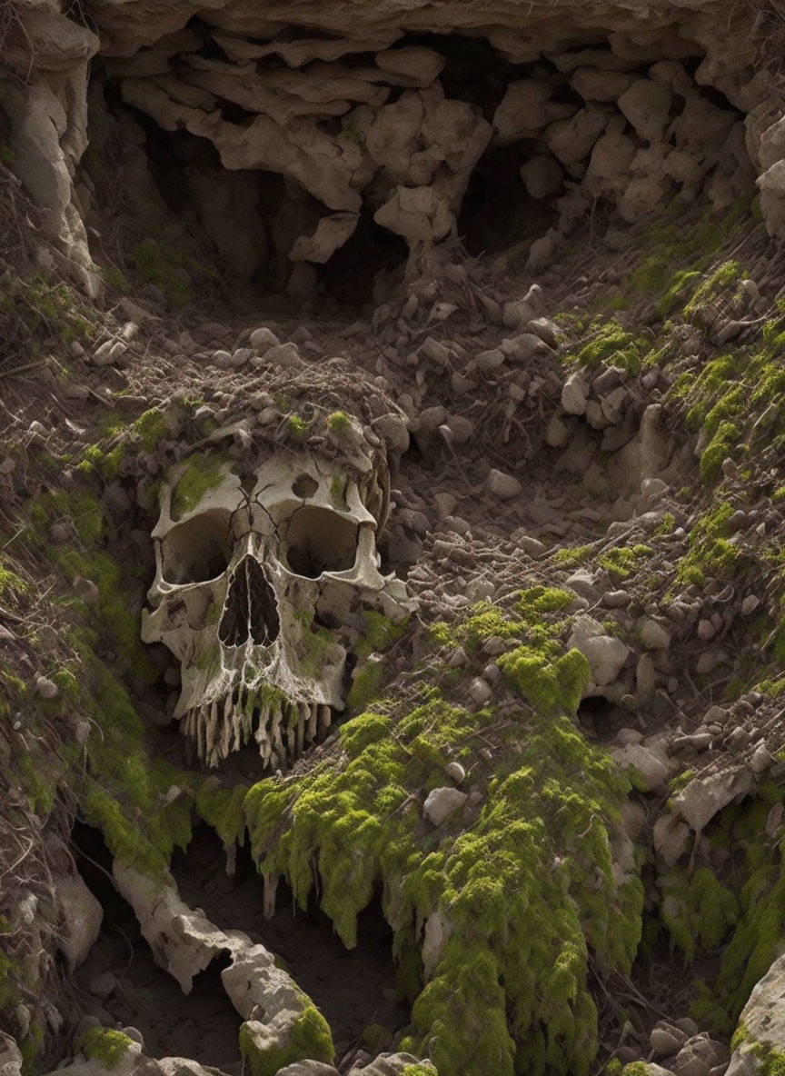 Eerie human skull covered in moss on rocky terrain