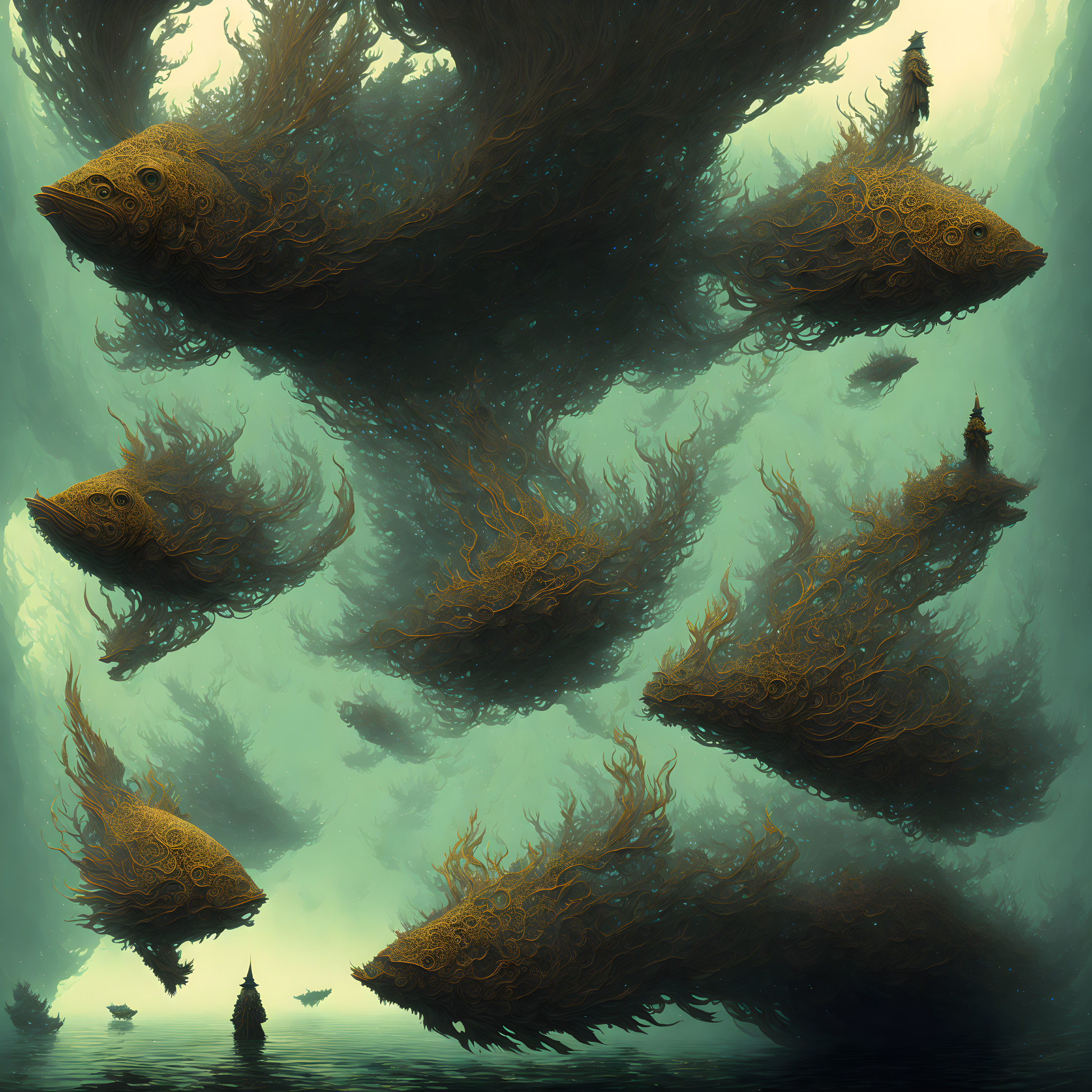 Large Floating Fish-Like Creatures with Tree-Like Structures in Misty Green Scene