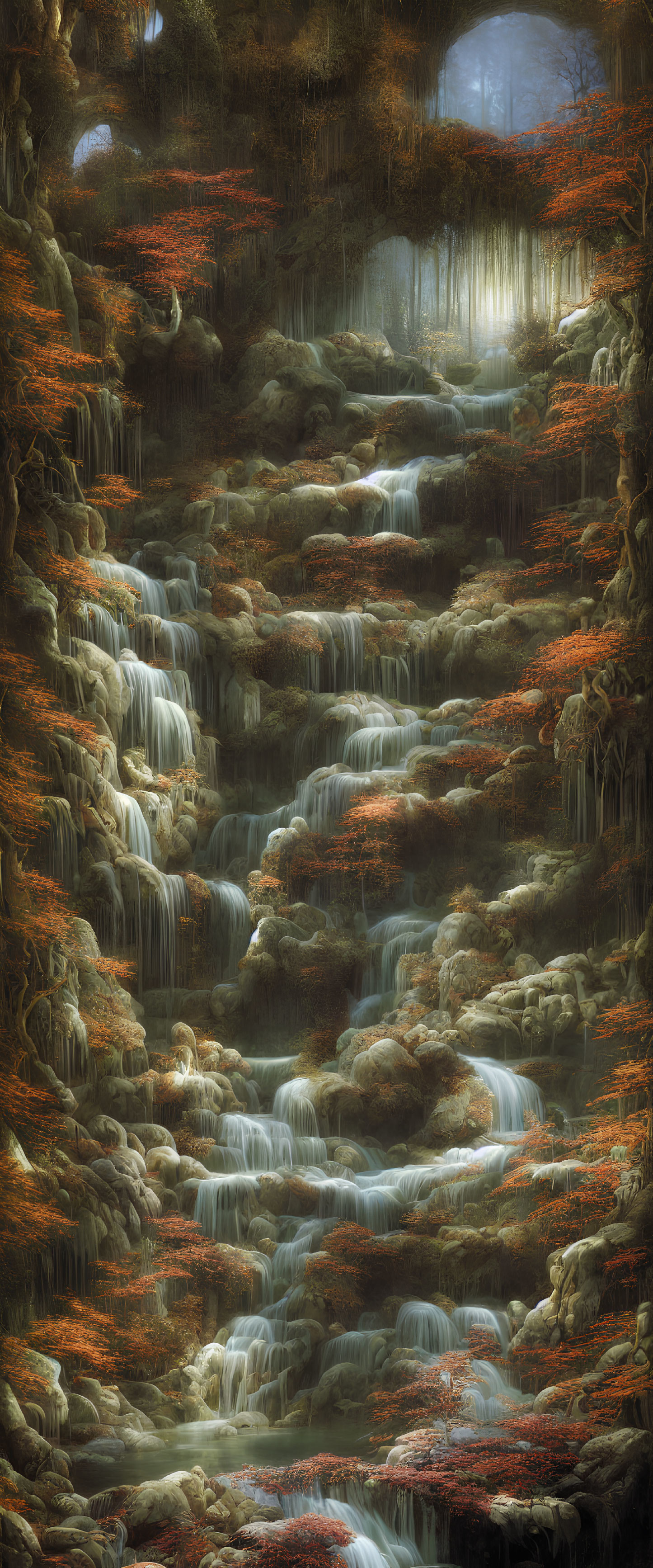 Autumnal foliage and small waterfalls in mystical light