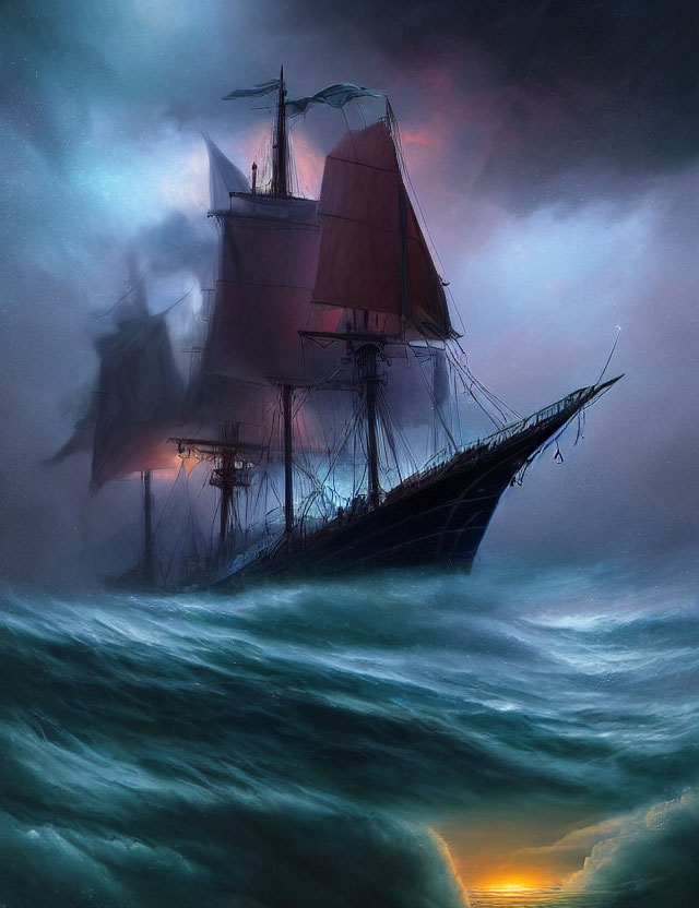 Majestic sailing ship in turbulent seas at dusk