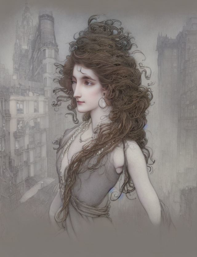 Curly Haired Woman in Classical Dress against Gothic Cityscape