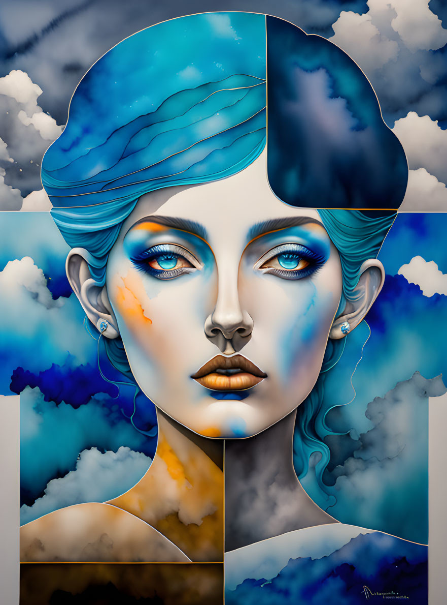 Surreal portrait of woman with blue skin and cloud-filled hair