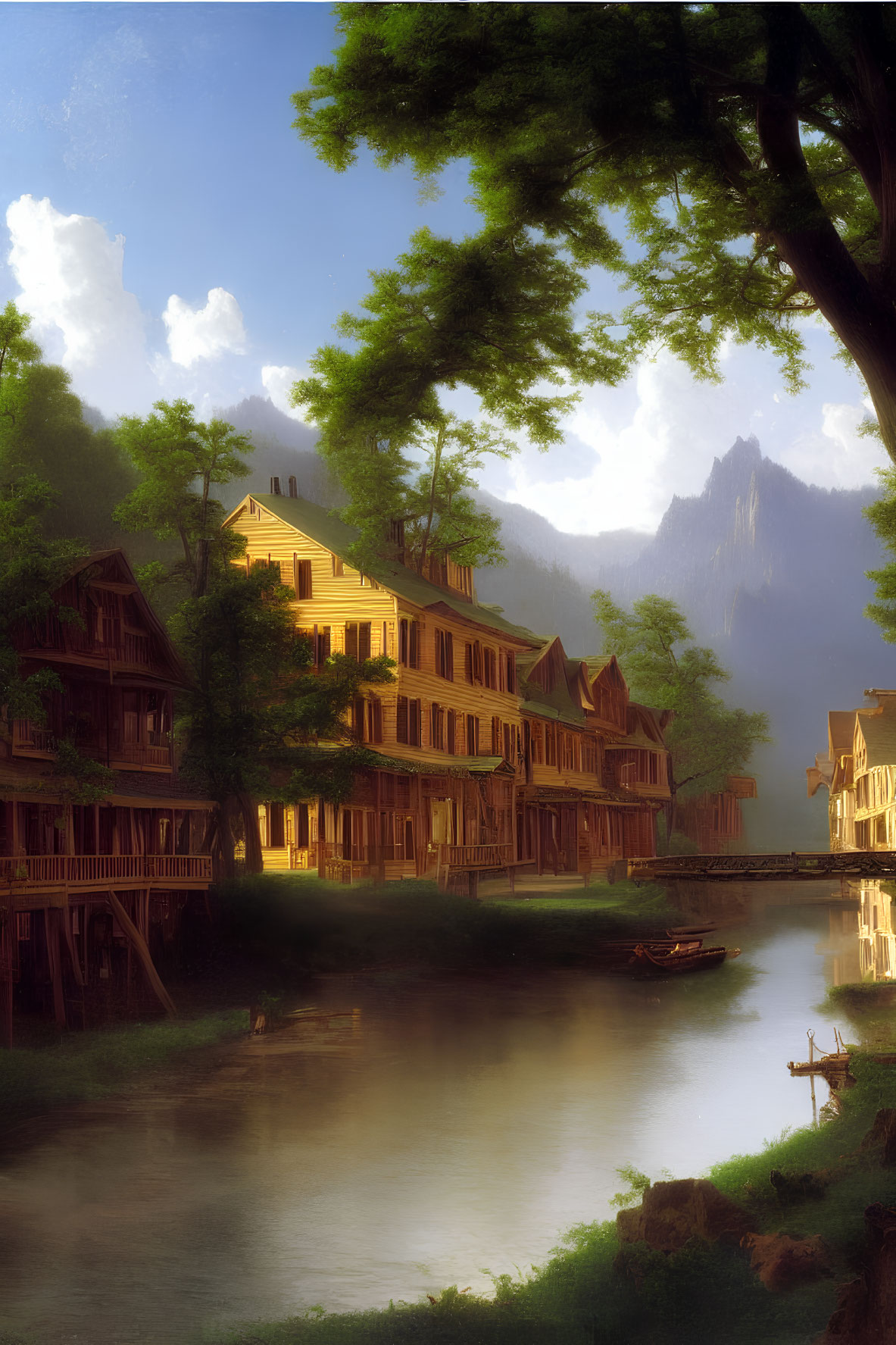 Riverside landscape with trees, wooden buildings, boat, and mountains