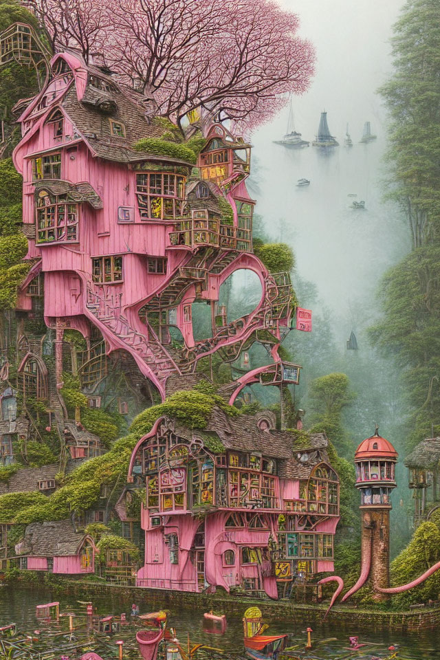 Whimsical pink treehouse in misty forest with boats