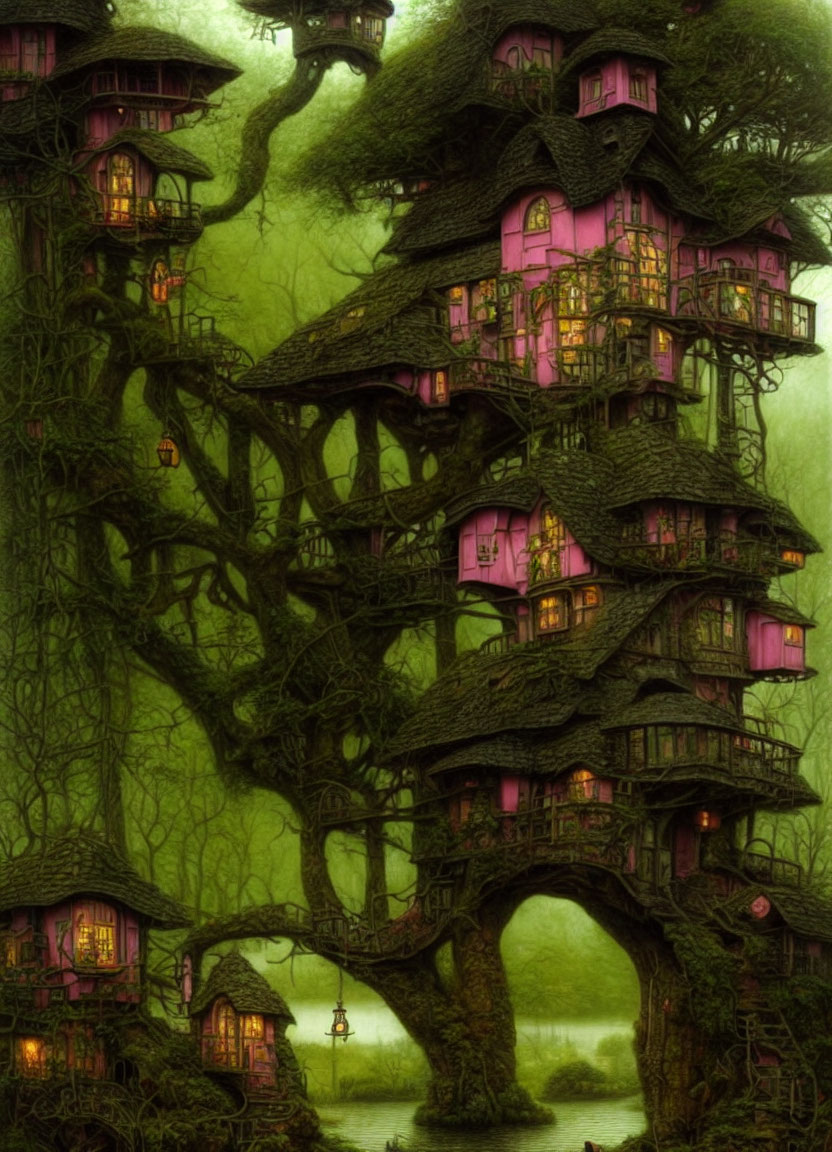 Enchanting tree with houses in mystical forest