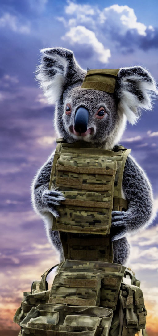 Koala in military hat with tactical vest under dramatic sky