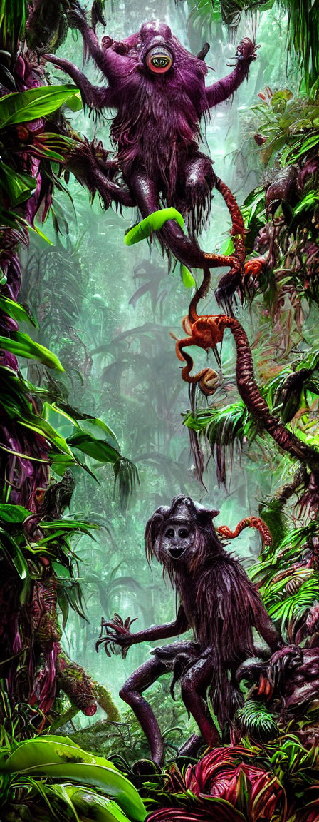 Fantasy jungle scene with vibrant purple and black monkey-like creatures in lush greenery