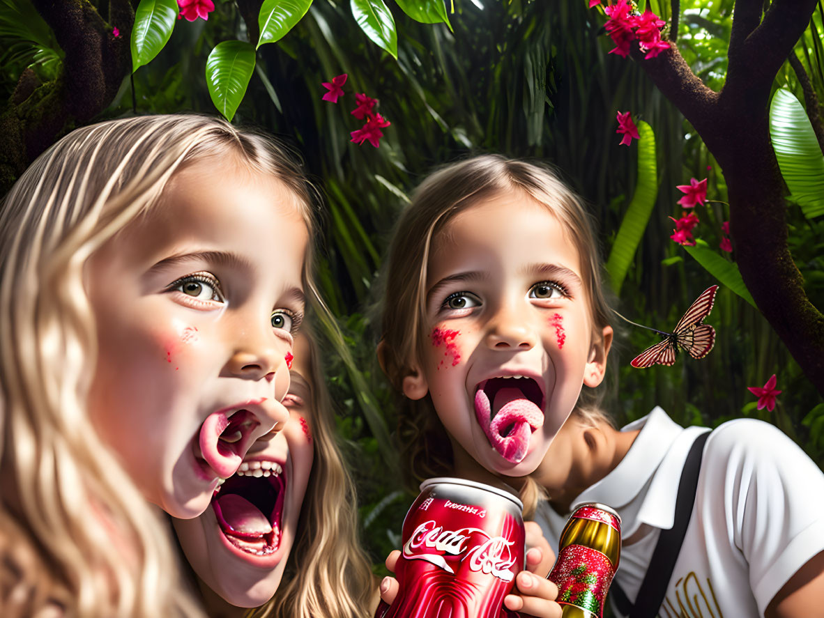 Two young girls in green foliage with pink flowers and a butterfly, one holding a red can and the