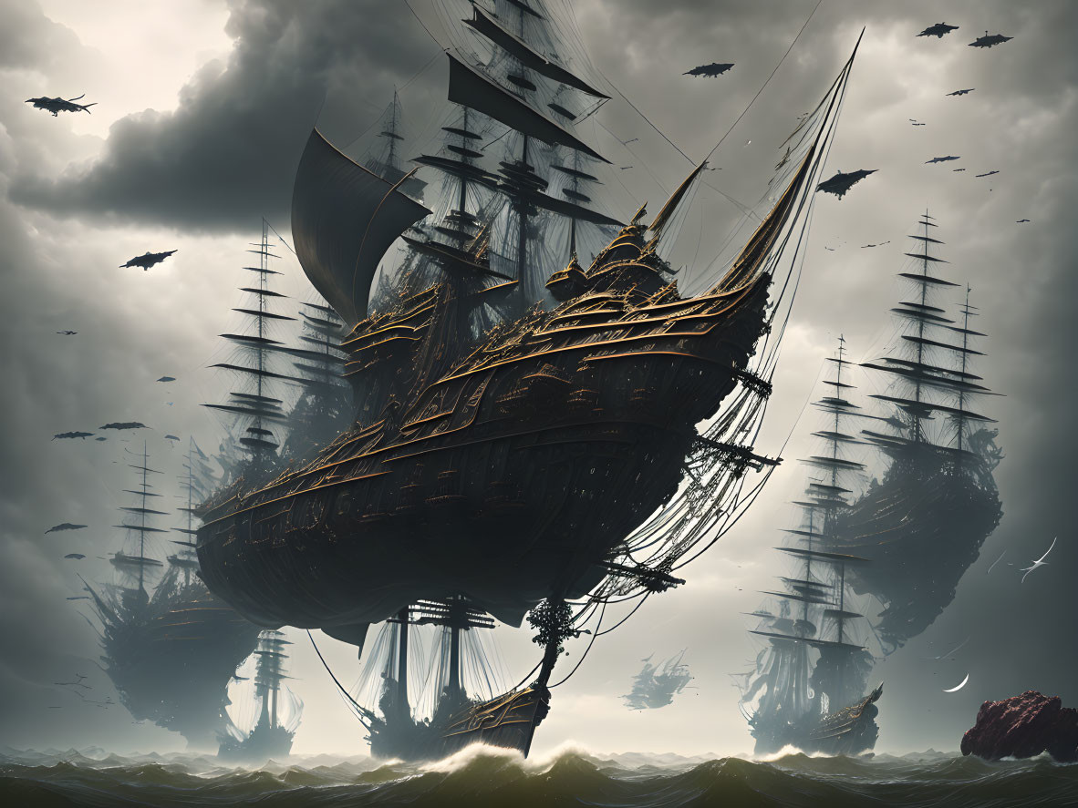 Ornate ships on turbulent seas under stormy sky with flying creatures