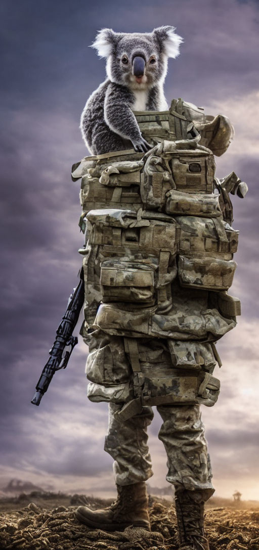 Koala on Military Backpacks with Rifle Under Dramatic Sky