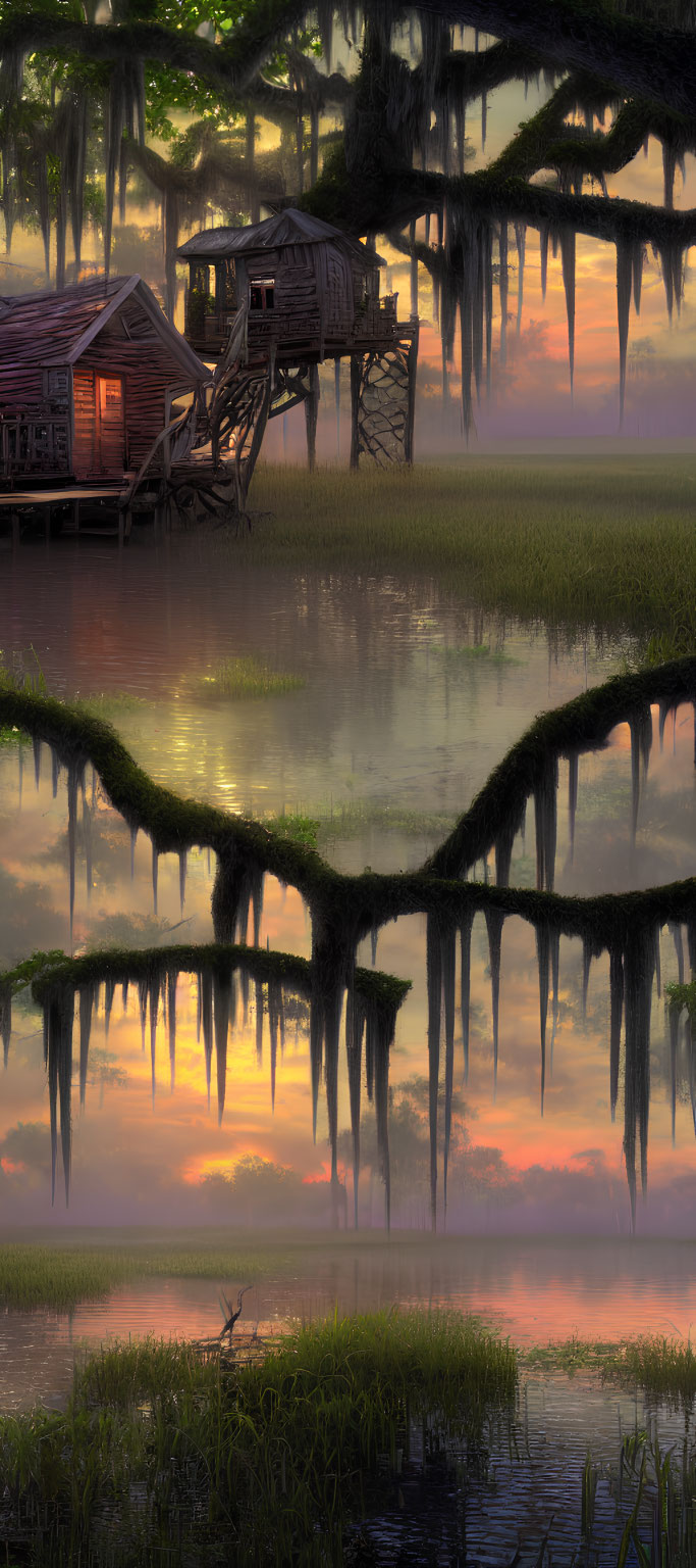 Tranquil dusk swamp scene with stilt houses and Spanish moss-draped trees