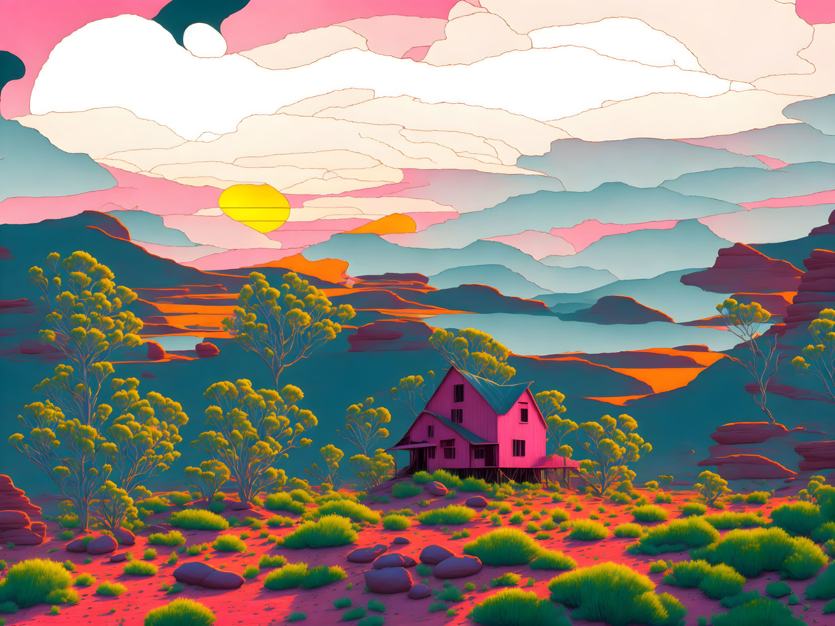 Vibrant surreal landscape with pink house, colorful flora, pastel skies