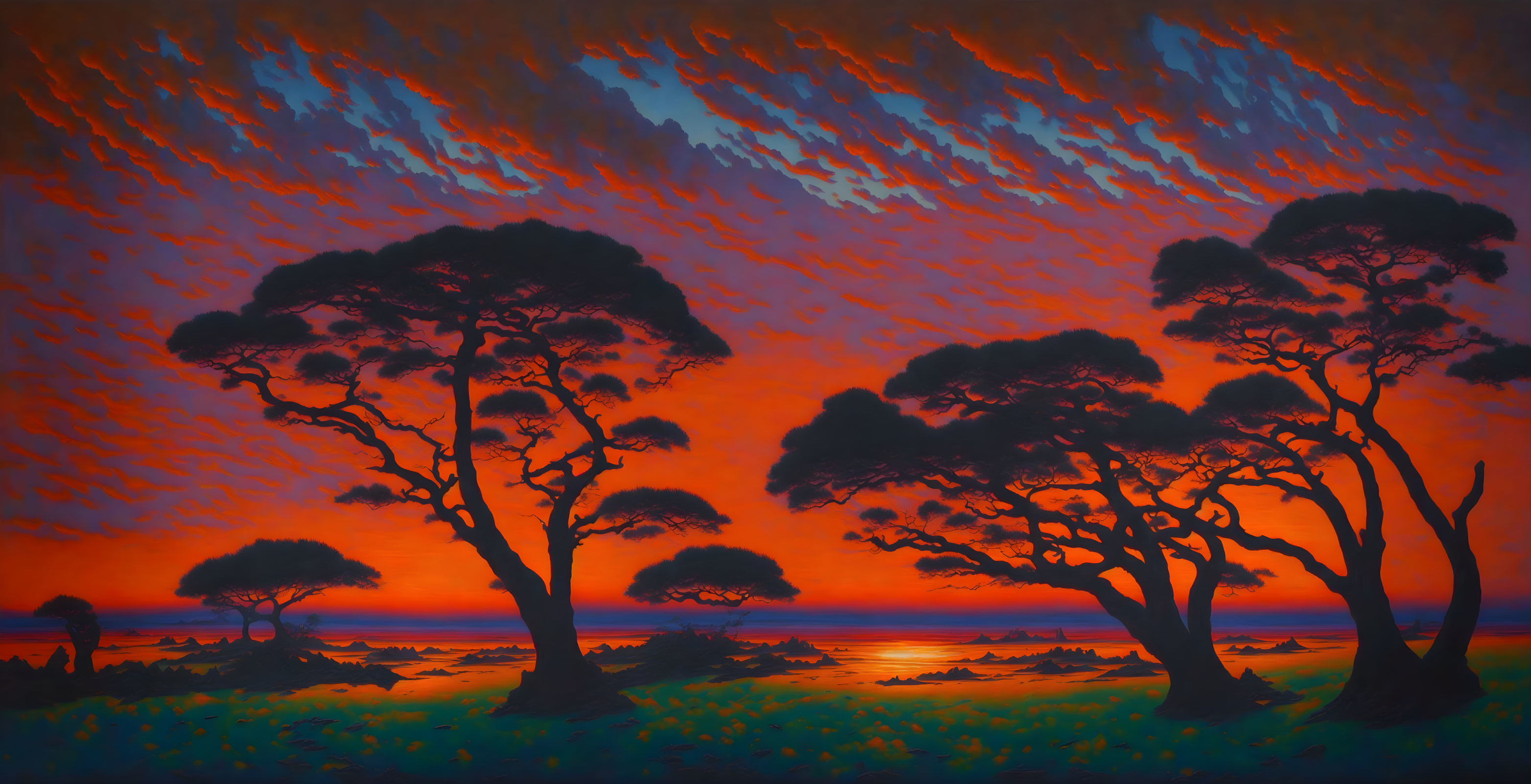 Fiery orange and red dusk landscape with silhouetted trees