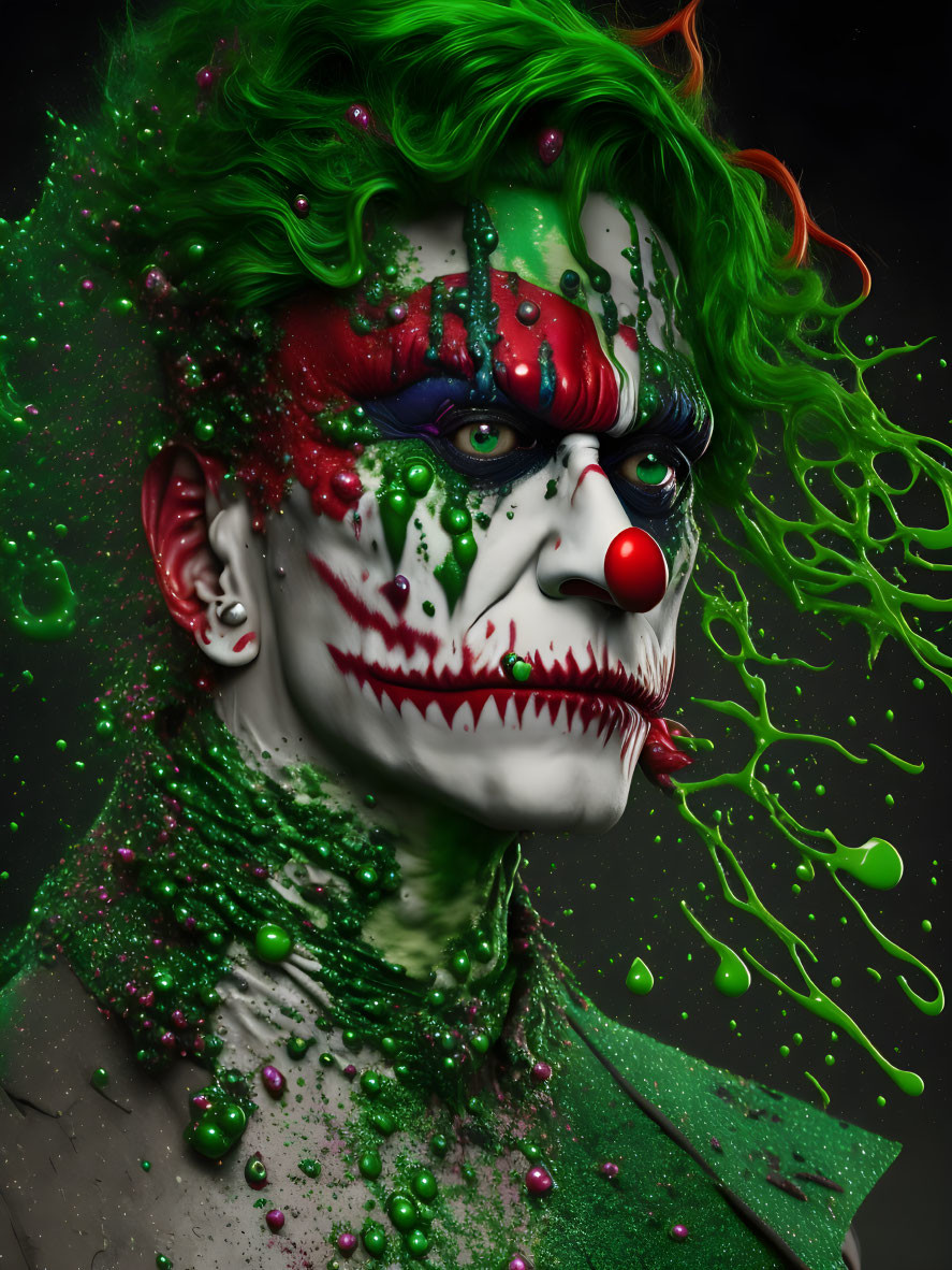 Colorful Clown Portrait with Green Hair and Exaggerated Makeup