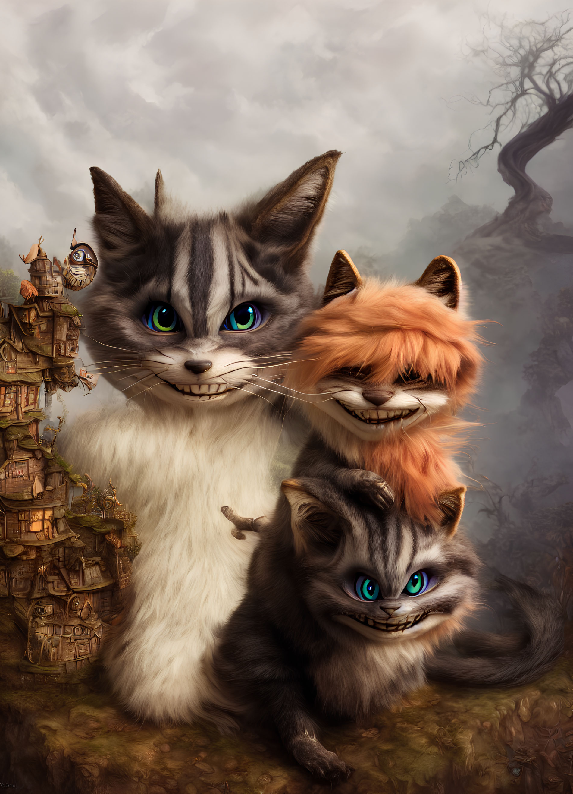 Whimsical anthropomorphic cats with blue eyes in front of fantasy treehouse landscape