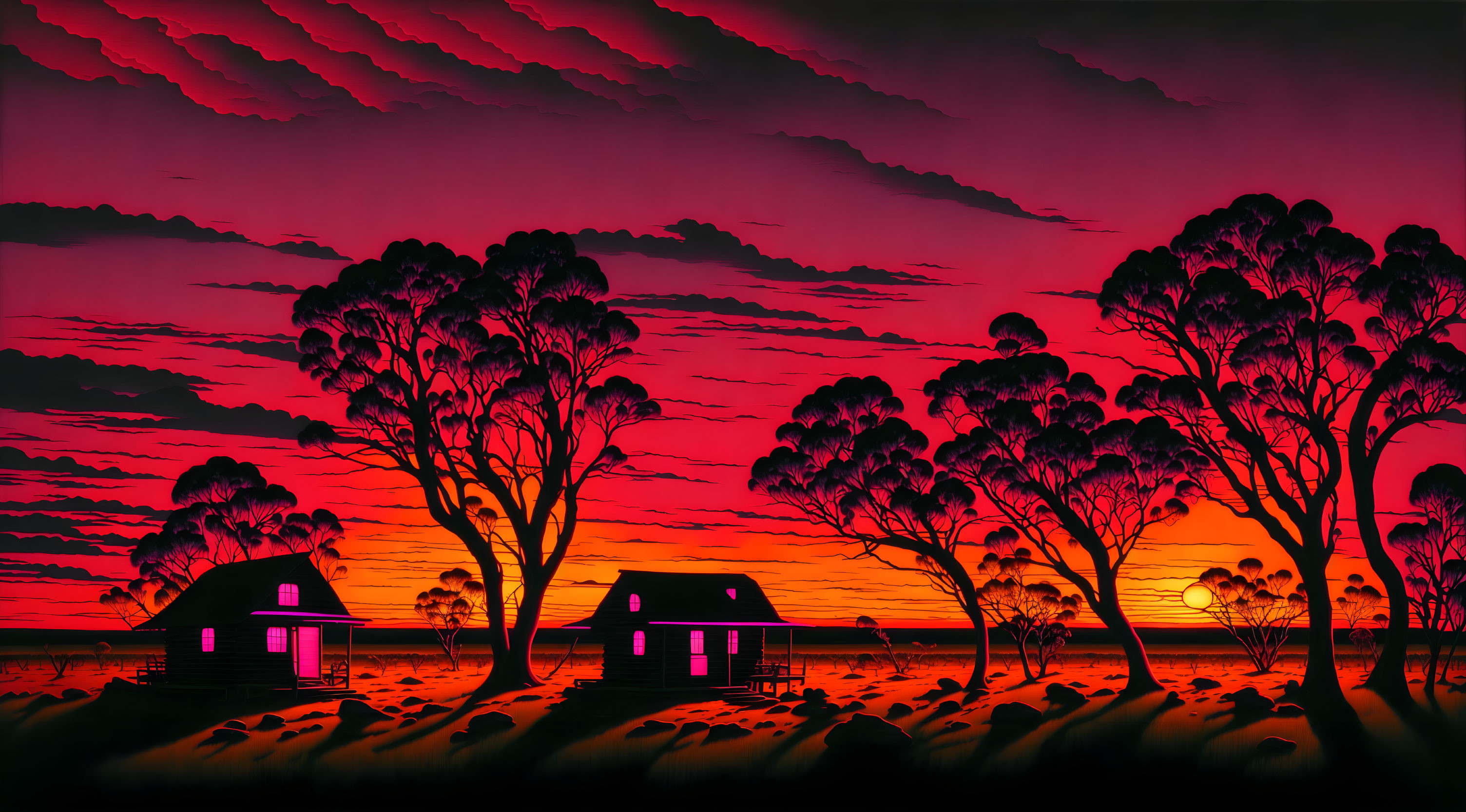 Scenic silhouette of trees, houses, hills, and clouds at sunset