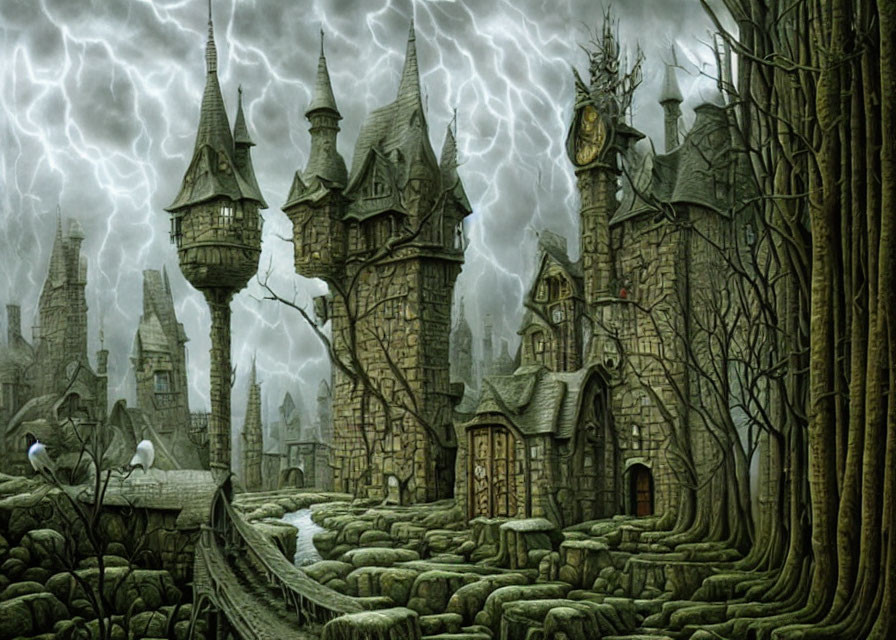 Eerie gothic castle in stormy setting with lightning and bare trees